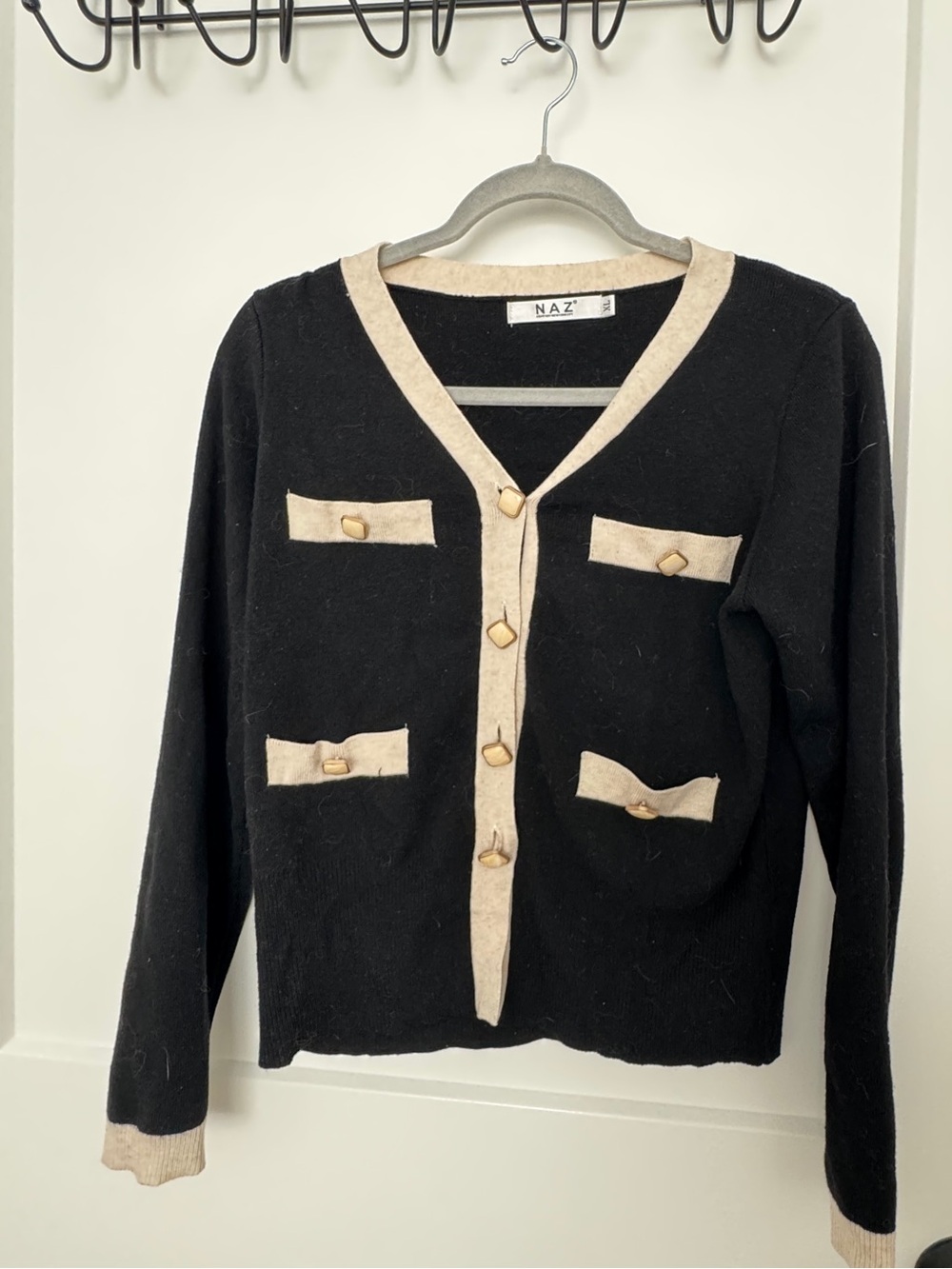 Black Cardigan with Cream Trim and Gold Buttons